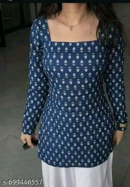 Latest Blue Short kurti For women Designer Sweetheart Neckline Rayon Kurti For Girls