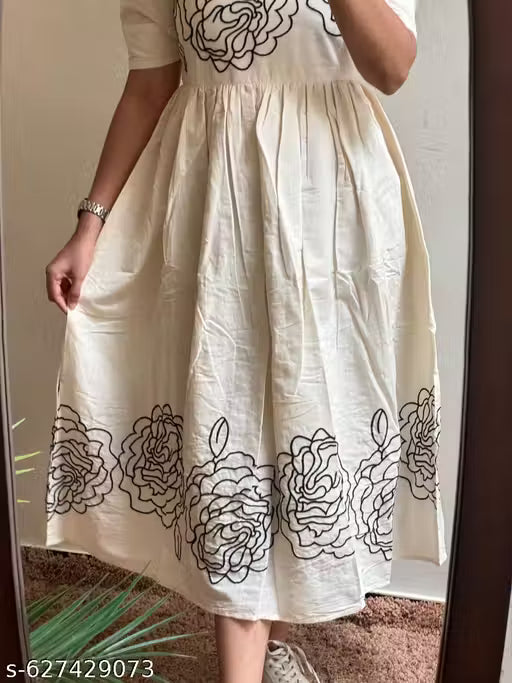 Bold Black Floral Hand Block Print Cotton Kurti Type Midi Dress with Square Neck & Puff Sleeves – Casual Fit & Flare Dress