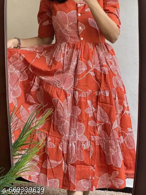 Women Rust Orange Floral Printed Midi Dress with Puff Sleeves | Casual & Daily Wear | Stylish Women Brick Red Floral Printed Midi Dress | Women Rust Orange Printed Dress for Casual Wear | Trendy Floral Midi Dress for Women – Summer Wear