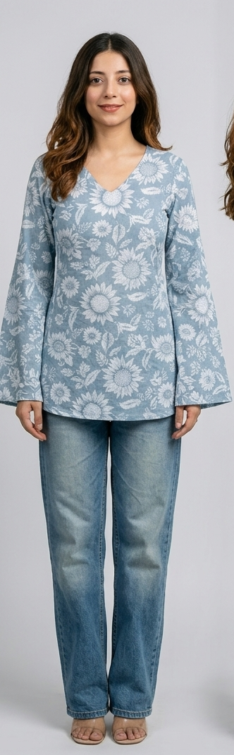 Stylish Sky Blue Floral Printed Bell Sleeve Kurti for Women | Casual & Party Wear