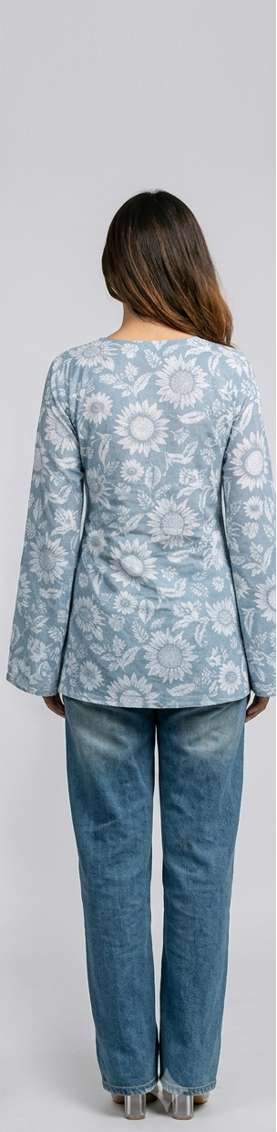 Stylish Sky Blue Floral Printed Bell Sleeve Kurti for Women | Casual & Party Wear
