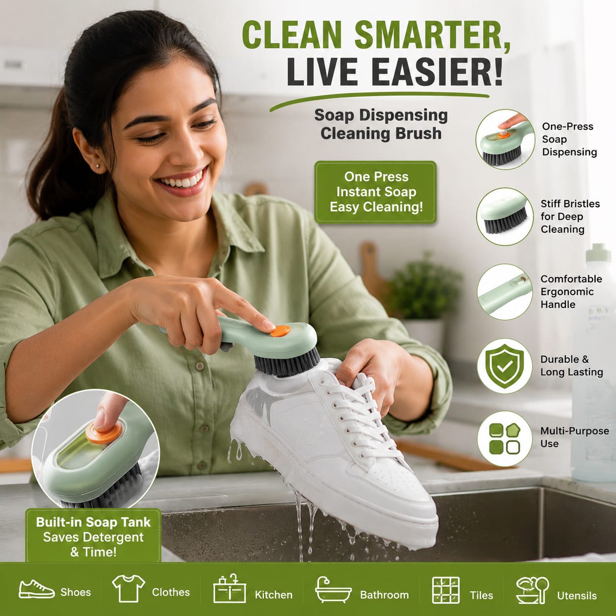Soap Dispensing Cleaning Brush with Handle | Multi-Purpose Scrub Brush for Shoes, Clothes, Kitchen