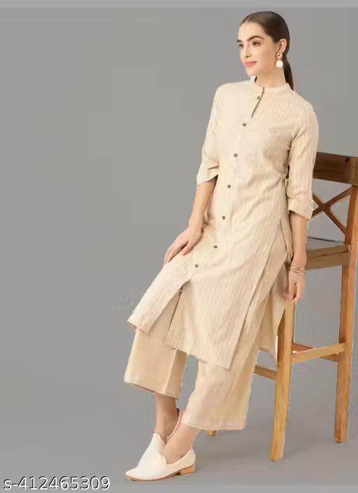 Maadwara Women Beige Cotton Striped Kurta With Palazzos