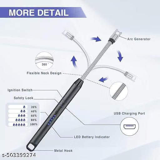 USB Plasma Rechargeable Electric Gas Lighter for Kitchen, Pooja Room, Candles, BBQ, Multi Purpose - 360 Degree Flexible & Windproof (Pack of 1)