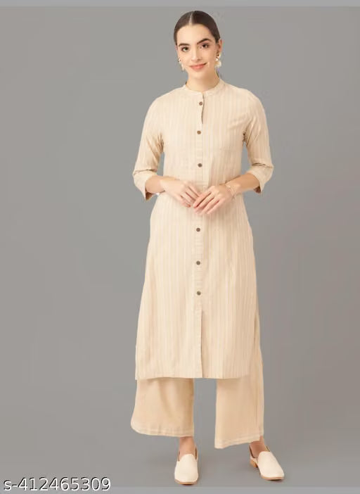 Maadwara Women Beige Cotton Striped Kurta With Palazzos