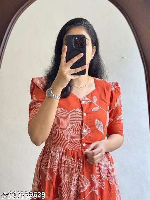 Women Rust Orange Floral Printed Midi Dress with Puff Sleeves | Casual & Daily Wear | Stylish Women Brick Red Floral Printed Midi Dress | Women Rust Orange Printed Dress for Casual Wear | Trendy Floral Midi Dress for Women – Summer Wear