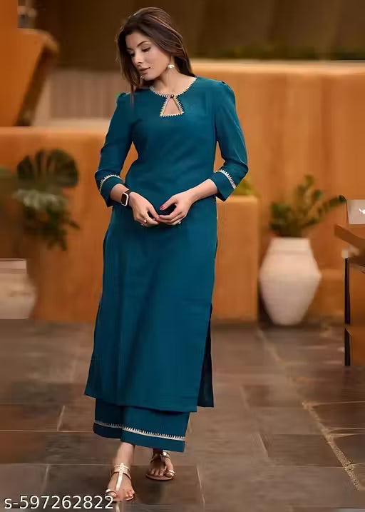 Teal Cotton Kurta with Lace Detailing & Pant Set – Women Ethnic Wear | Comfortable & Festive Outfit