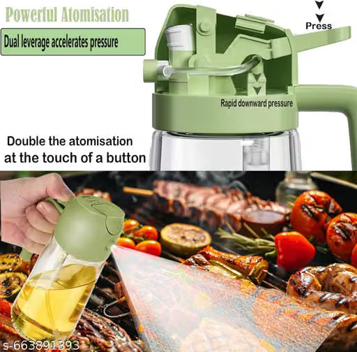 500ml, 2 in 1 Olive Oil Sprayer and Oil Dispenser Bottle for Kitchen, Glass Oil Bottle with Premium Nozzle, Oil Sprayer for Fryer, Salad, BBQ, Roasting 500ml (Pack of 1piece, multi colour)