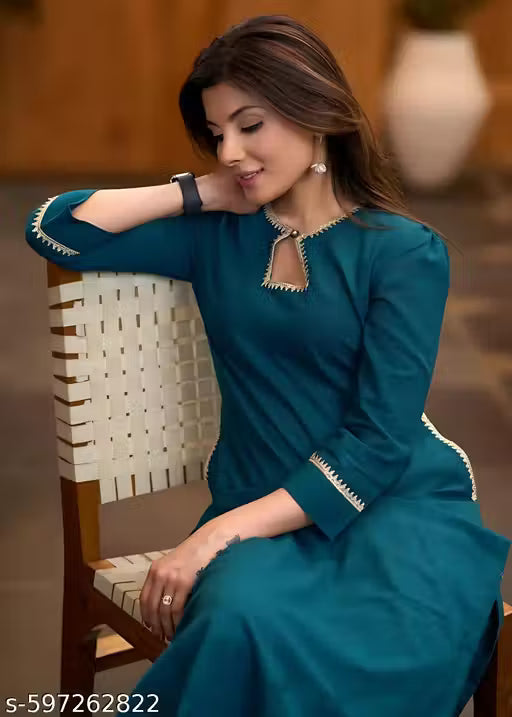 Teal Cotton Kurta with Lace Detailing & Pant Set – Women Ethnic Wear | Comfortable & Festive Outfit