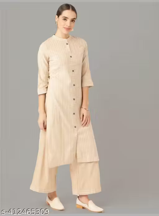 Maadwara Women Beige Cotton Striped Kurta With Palazzos