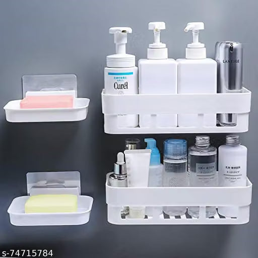 SHOPITECH COMBO OF 4 PCS Bathroom Shelf Rack / Kitchen Shelf / Wardrobe Shelf / Perfume Rack Plastic Wall Shelf ( 2 SOAP Shelves + 2 Bathroom Shelves )