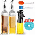 Square Shape Glass 500 Ml Oil Dispenser-2 and 210 ml Olive Oil Vinegar Round Sprayer-1,Oil Brush-Spatula Combo-1(Multicolour),Funnel-1 (Multicolour)||Packing In Item 5||