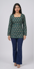 Emerald Green Floral Peplum Top Kurti