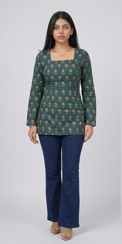 Emerald Green Floral Peplum Top Kurti