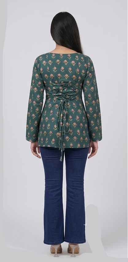 Emerald Green Floral Peplum Top Kurti
