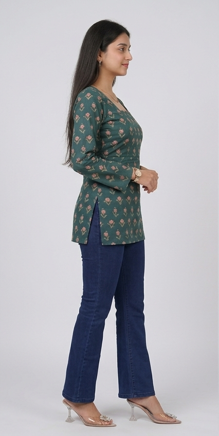 Emerald Green Floral Peplum Top Kurti