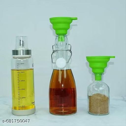 Square Shape Glass 500 Ml Oil Dispenser-2 and 210 ml Olive Oil Vinegar Round Sprayer-1,Oil Brush-Spatula Combo-1(Multicolour),Funnel-1 (Multicolour)||Packing In Item 5||