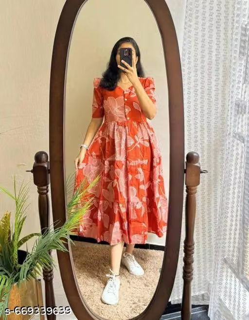 Women Rust Orange Floral Printed Midi Dress with Puff Sleeves | Casual & Daily Wear | Stylish Women Brick Red Floral Printed Midi Dress | Women Rust Orange Printed Dress for Casual Wear | Trendy Floral Midi Dress for Women – Summer Wear