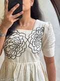 Bold Black Floral Hand Block Print Cotton Kurti Type Midi Dress with Square Neck & Puff Sleeves – Casual Fit & Flare Dress
