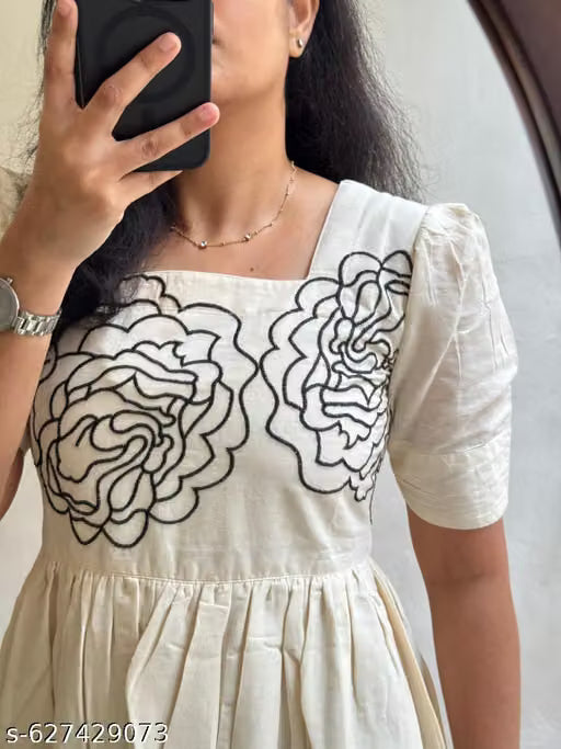 Bold Black Floral Hand Block Print Cotton Kurti Type Midi Dress with Square Neck & Puff Sleeves – Casual Fit & Flare Dress