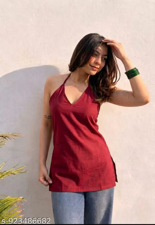 Premium Rayon Halter Neck (V-Shape) Sleeves: Sleeveless Color: Maroon Length: Mid-thigh / Short Kurti Pattern: Solid (Plain) Occasion: Casual / Summer Wear Rayon Fabric Solid colour