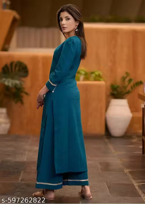 Teal Cotton Kurta with Lace Detailing & Pant Set – Women Ethnic Wear | Comfortable & Festive Outfit