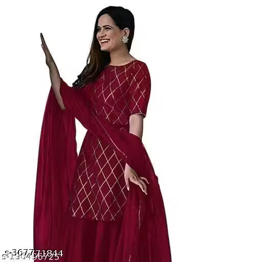 Eshanay Fashion Women's Beautiful Rayon Printed Round Neck Kurta And Sharara With Net Dupatta Set