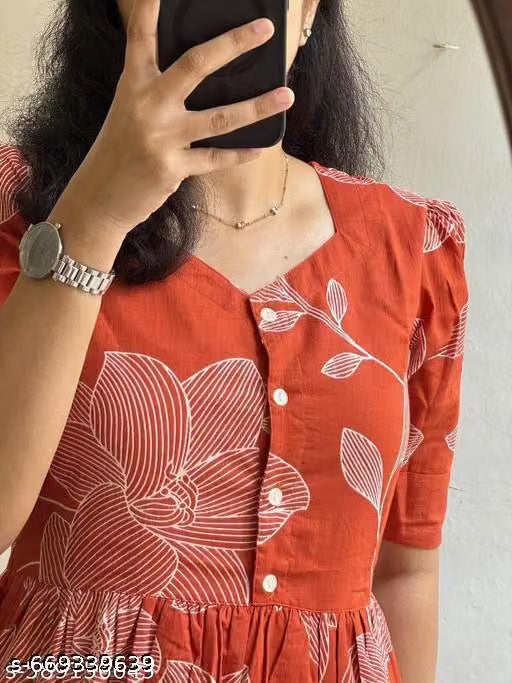 Women Rust Orange Floral Printed Midi Dress with Puff Sleeves | Casual & Daily Wear | Stylish Women Brick Red Floral Printed Midi Dress | Women Rust Orange Printed Dress for Casual Wear | Trendy Floral Midi Dress for Women – Summer Wear