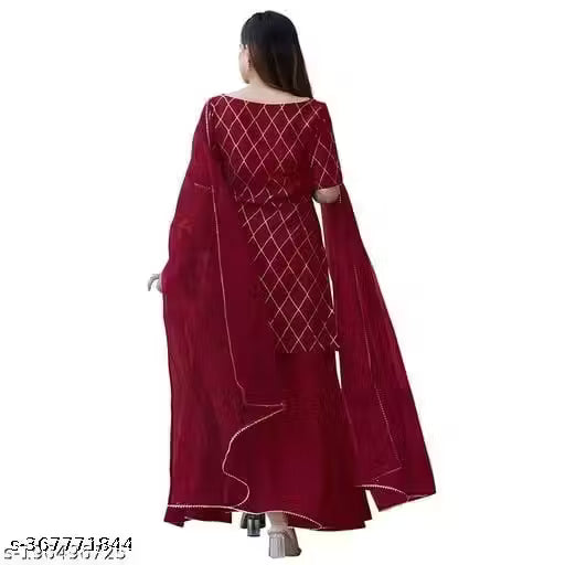 Eshanay Fashion Women's Beautiful Rayon Printed Round Neck Kurta And Sharara With Net Dupatta Set