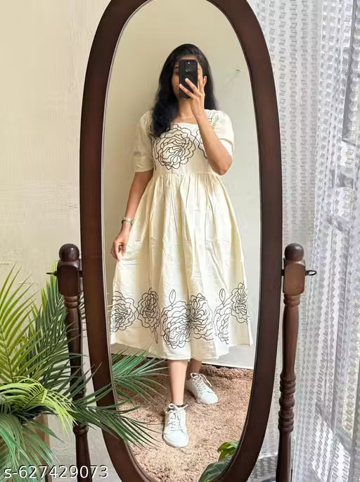 Bold Black Floral Hand Block Print Cotton Kurti Type Midi Dress with Square Neck & Puff Sleeves – Casual Fit & Flare Dress