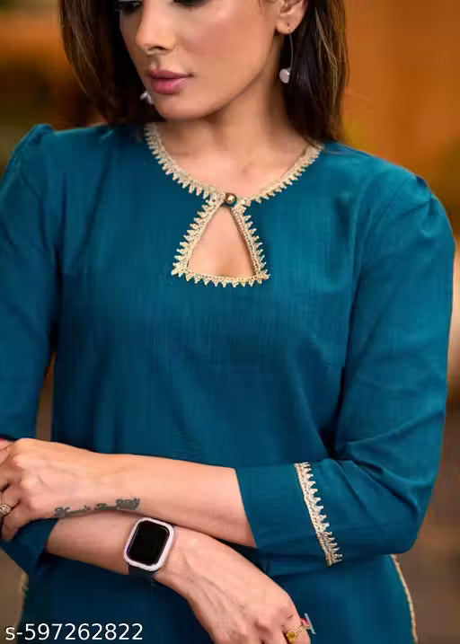 Teal Cotton Kurta with Lace Detailing & Pant Set – Women Ethnic Wear | Comfortable & Festive Outfit