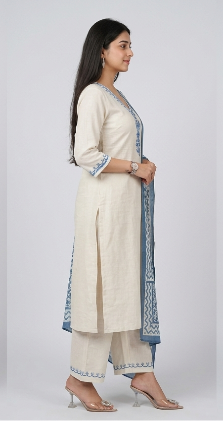 Women White Trendy Ethenic Cotton Kurta Pant and Dupatta Set