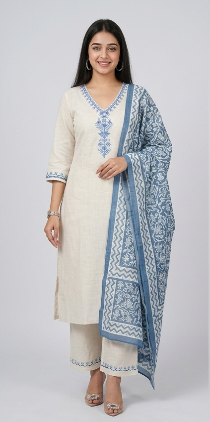 Women White Trendy Ethenic Cotton Kurta Pant and Dupatta Set