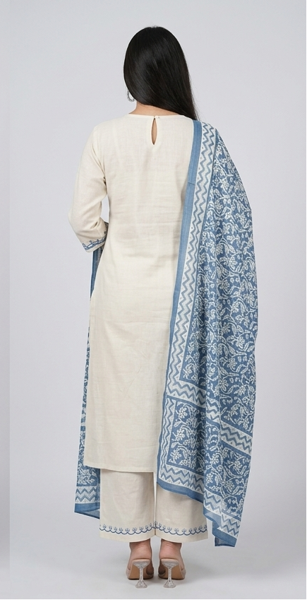 Women White Trendy Ethenic Cotton Kurta Pant and Dupatta Set