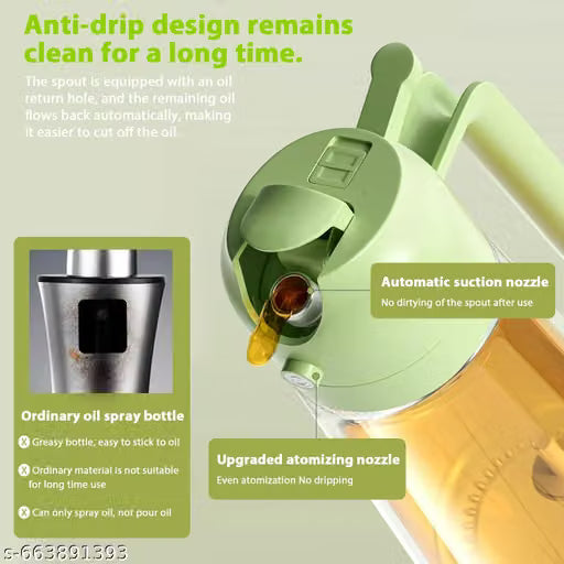 500ml, 2 in 1 Olive Oil Sprayer and Oil Dispenser Bottle for Kitchen, Glass Oil Bottle with Premium Nozzle, Oil Sprayer for Fryer, Salad, BBQ, Roasting 500ml (Pack of 1piece, multi colour)