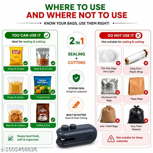 Portable Mini Bag Sealing Machine USB Rechargeable | 2-in-1 Heat Sealer with Cutter | Handheld Plastic Packet Sealer for Food Storage, Snack Bags & Kitchen Use