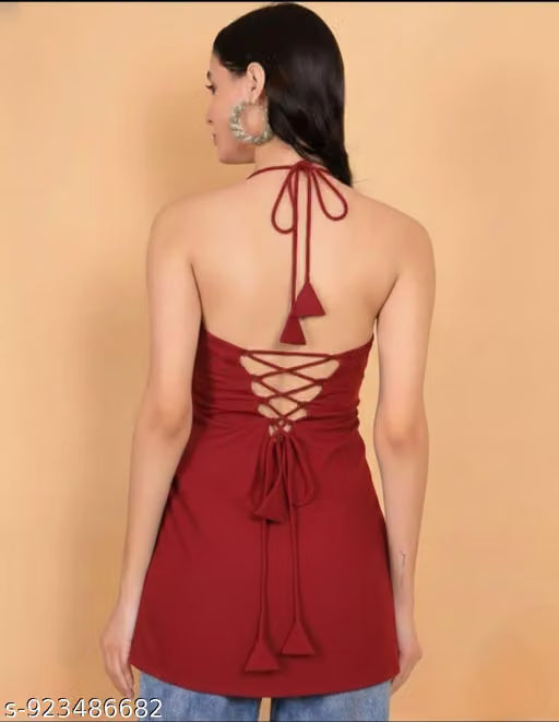 Premium Rayon Halter Neck (V-Shape) Sleeves: Sleeveless Color: Maroon Length: Mid-thigh / Short Kurti Pattern: Solid (Plain) Occasion: Casual / Summer Wear Rayon Fabric Solid colour